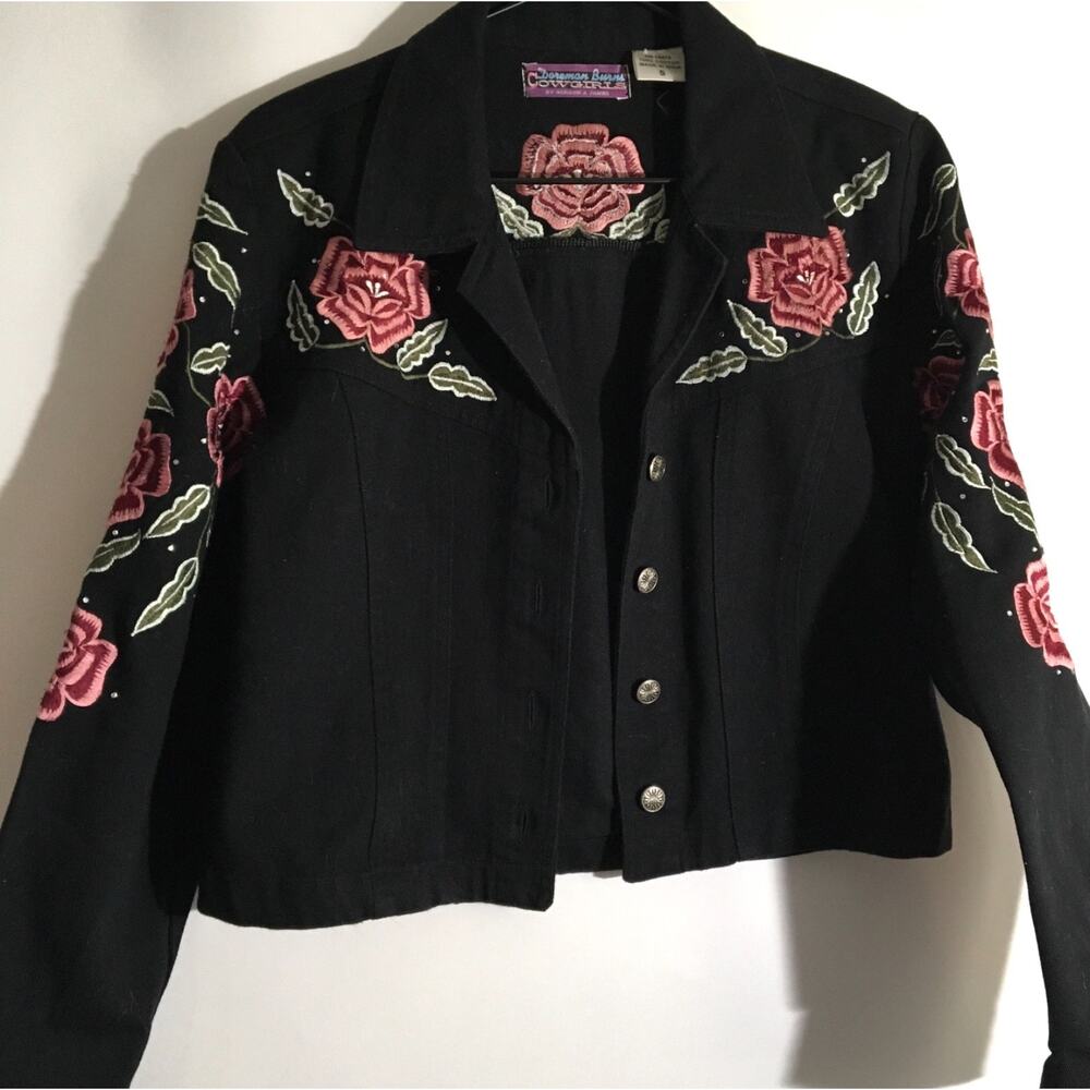 Doreman Burns Cowgirls Black Denim Fringe Floral Embroidered Western Jacket Sz S
